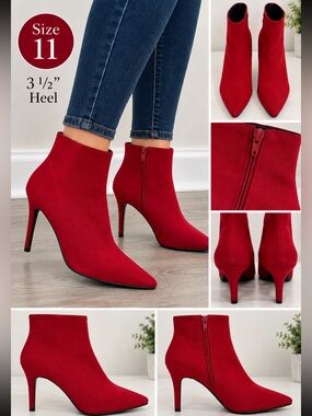 Red Pointed-Toe Stiletto Ankle Boots